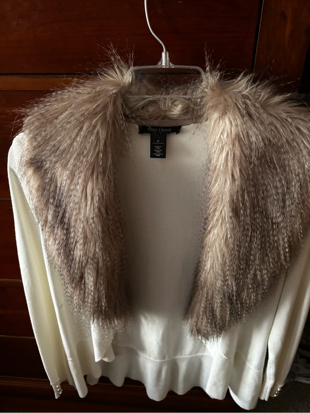 White House Black Market Ivory Cardigan with Taupe Faux Fur Collar